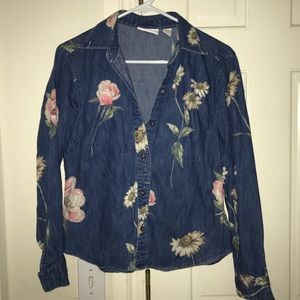 Floral print denim button up